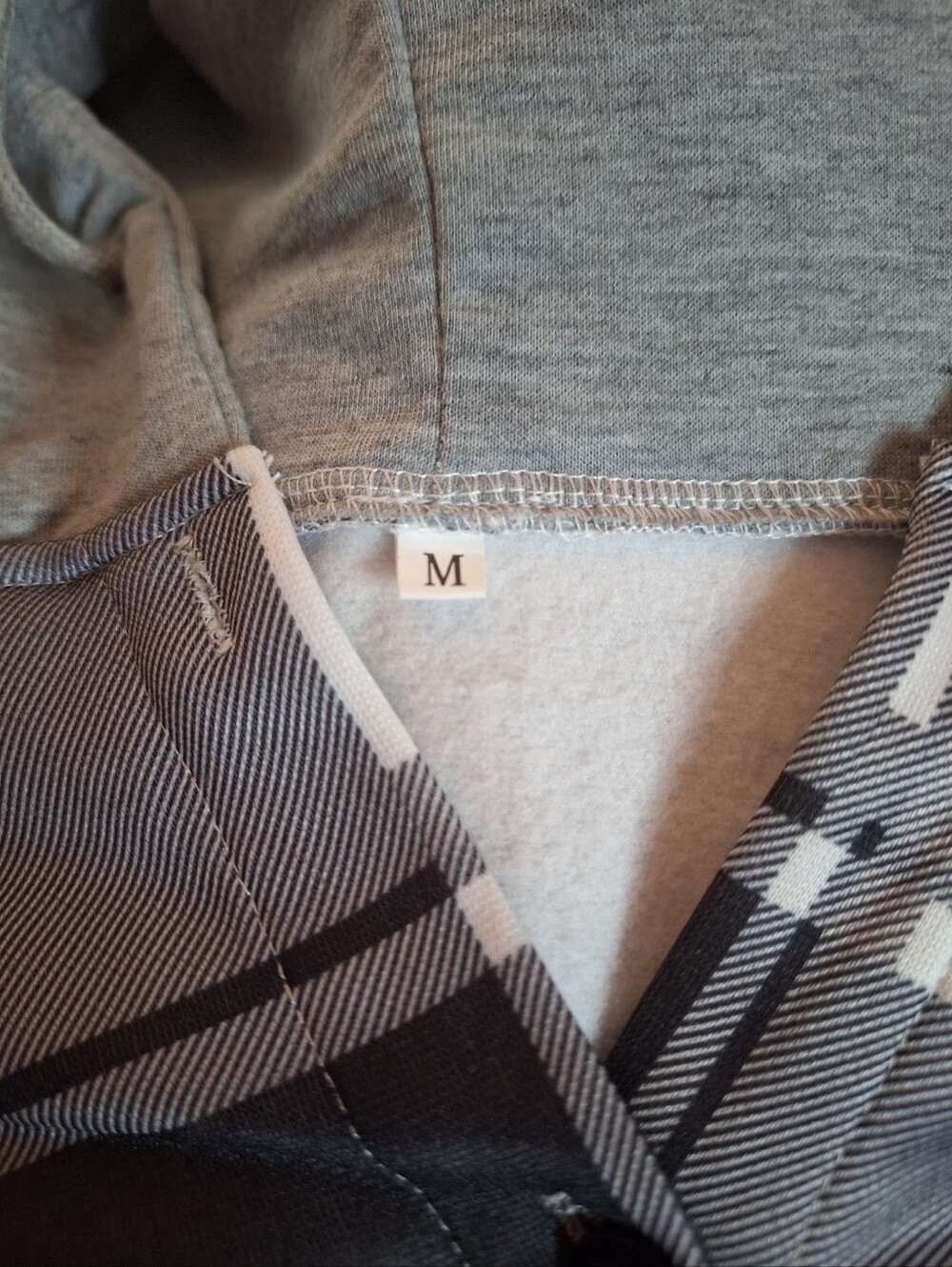 Black White Gray Mix Media Plaid Hooded Flannel Shirt Jacket Button Down Shacket - Picture 2 of 5